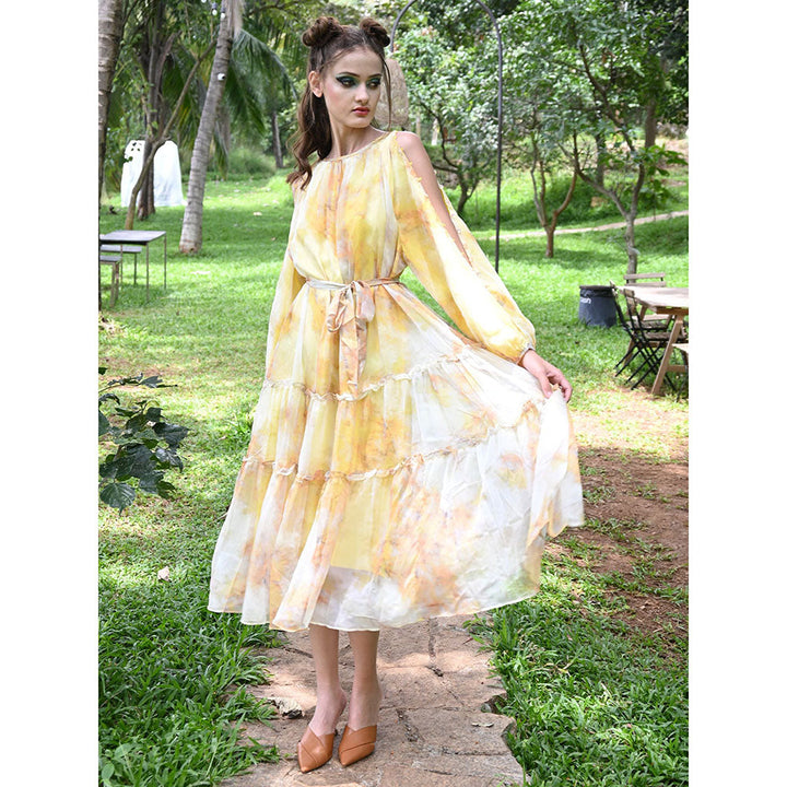 Odette Yellow Abstract Printed Long Dress (Set of 2)