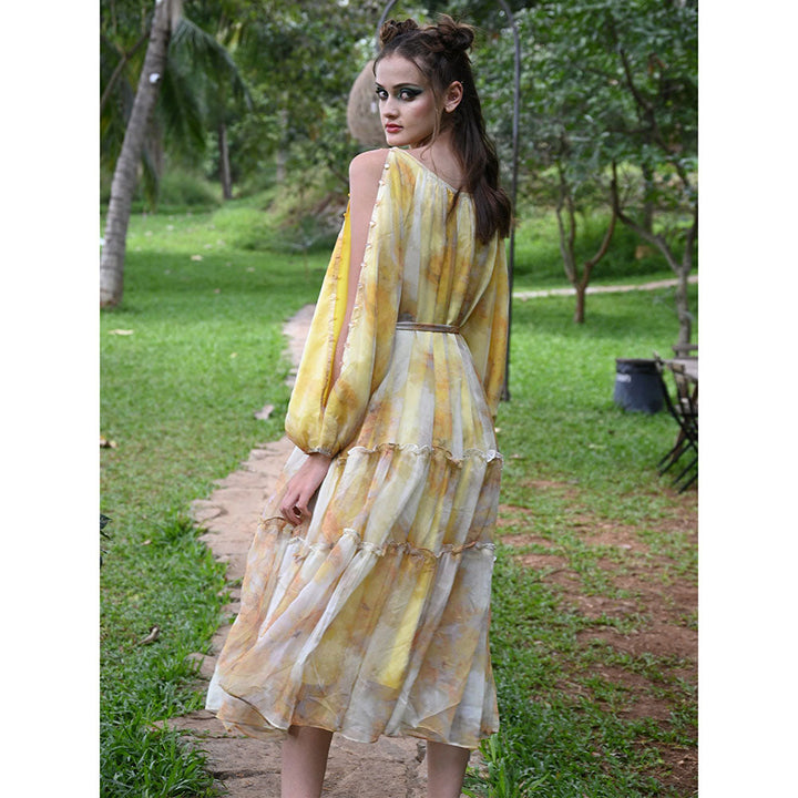 Odette Yellow Abstract Printed Long Dress (Set of 2)