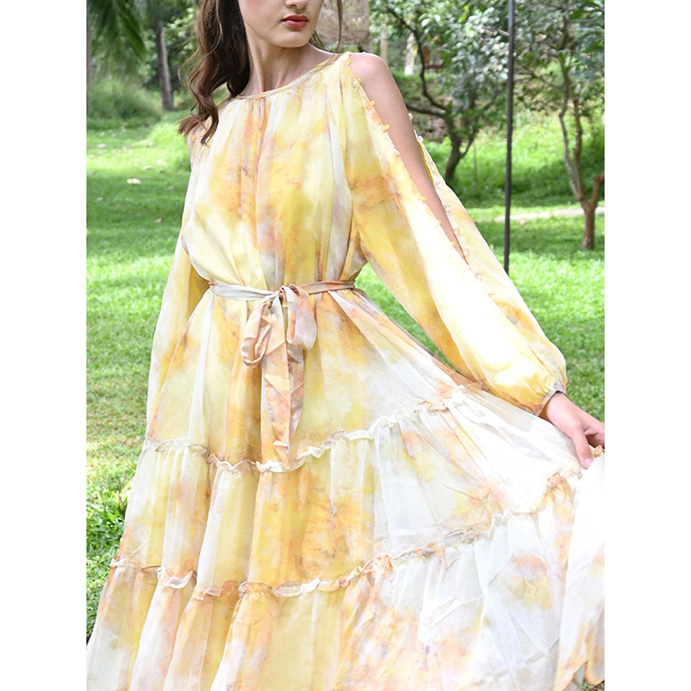 Odette Yellow Abstract Printed Long Dress (Set of 2)