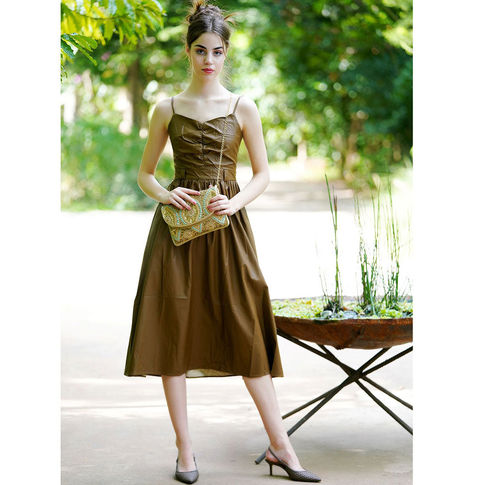 Odette Olive Pu Solid Tea Length Dress