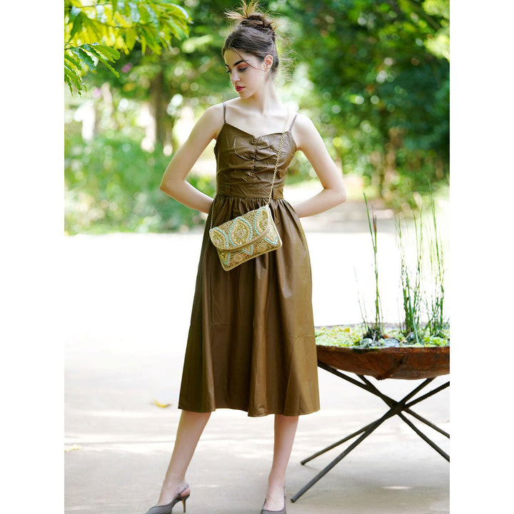 Odette Olive Pu Solid Tea Length Dress