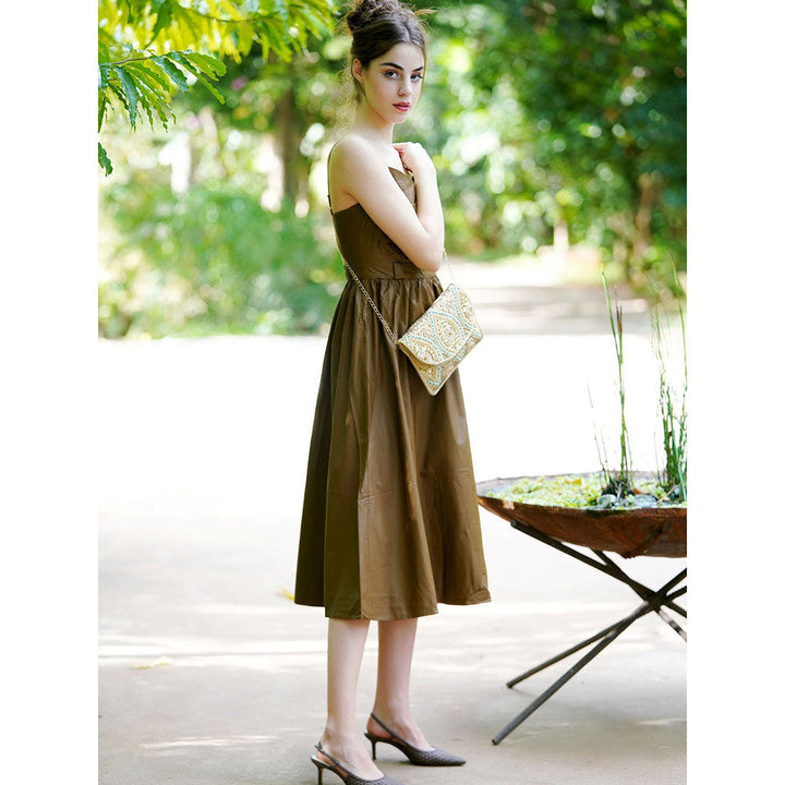 Odette Olive Pu Solid Tea Length Dress