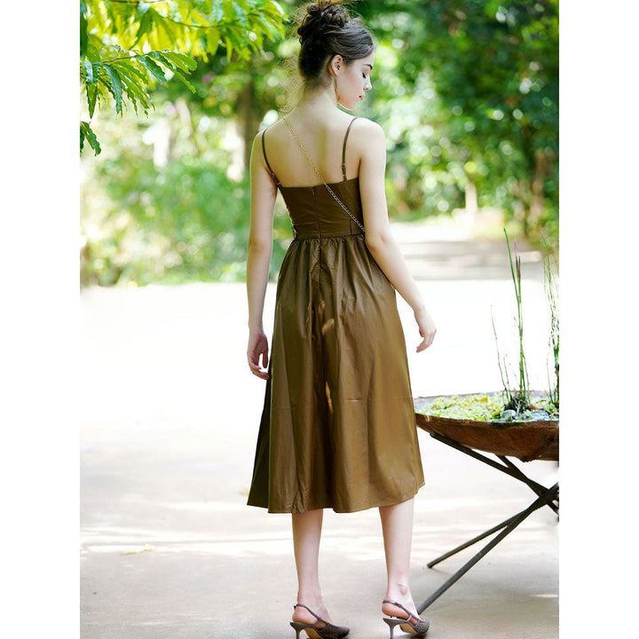 Odette Olive Pu Solid Tea Length Dress