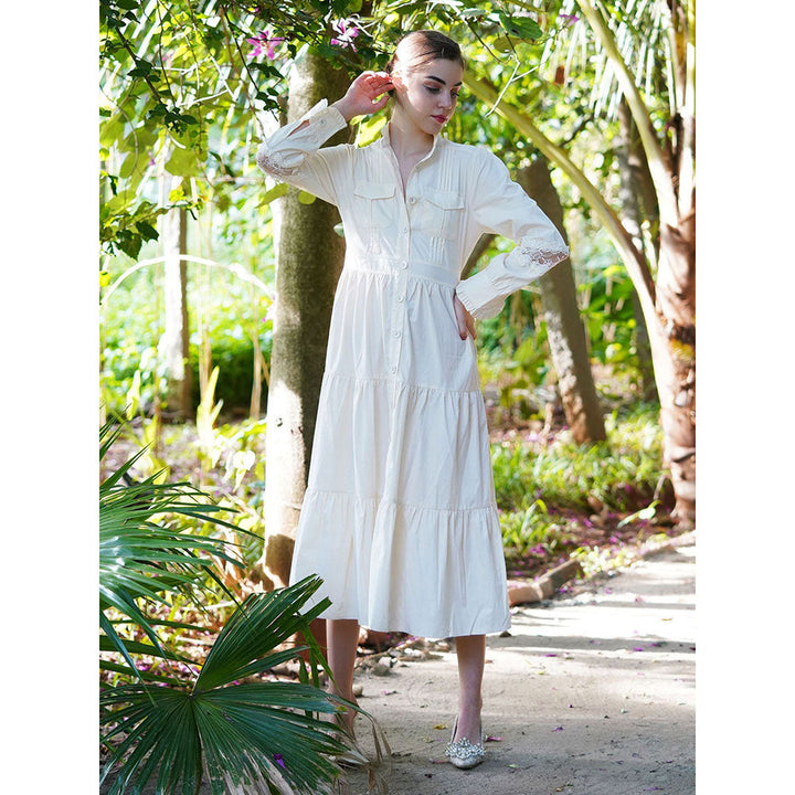 Odette White Cotton Blend Solid Long Shirt Dress