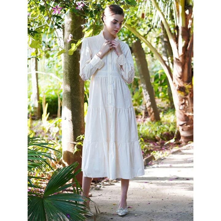 Odette White Cotton Blend Solid Long Shirt Dress