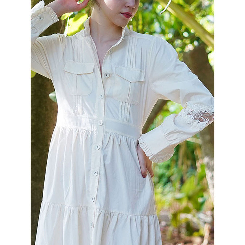 Odette White Cotton Blend Solid Long Shirt Dress