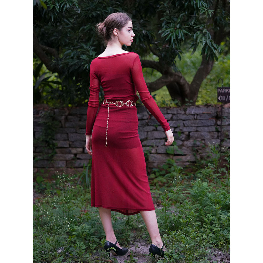 Odette Maroon Solid Nylon Belted Long Dress With Slip (Set of 3)