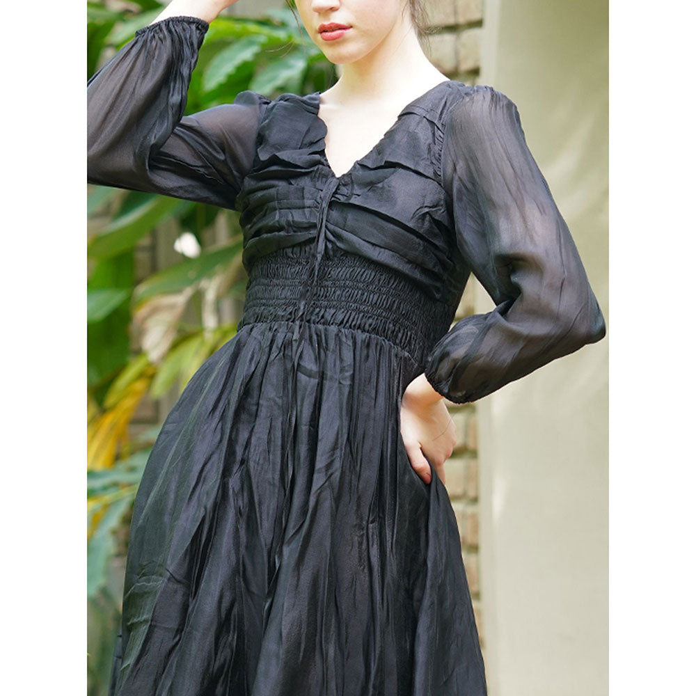 Odette Graceful Black Polyester Viol Solid Long Dress