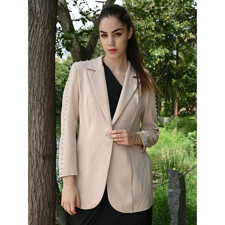 Odette Beige Embellished Polyester Semi Formal Blazer (Set of 2)