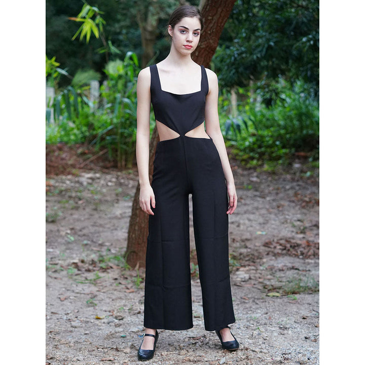 Odette Black Polyester Cut Out Solid Jumpsuit