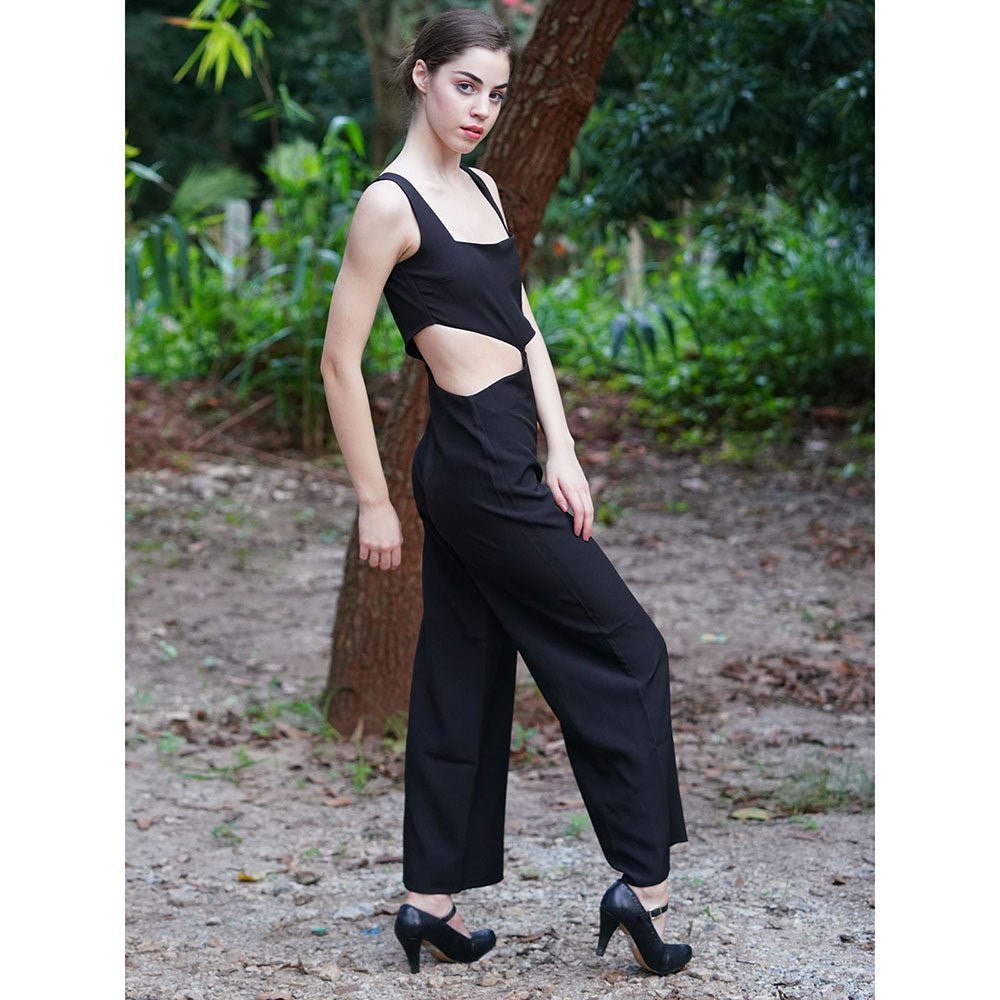 Odette Black Polyester Cut Out Solid Jumpsuit