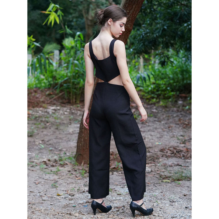 Odette Black Polyester Cut Out Solid Jumpsuit