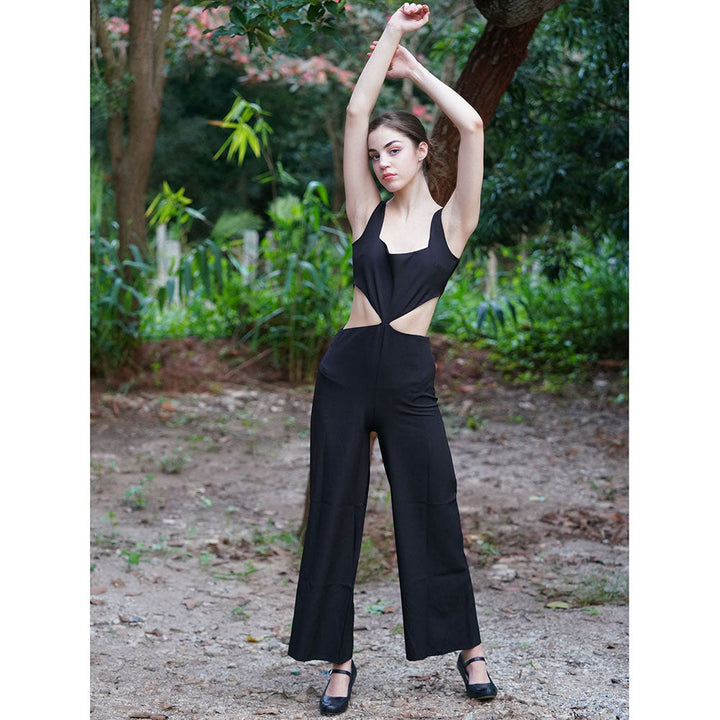 Odette Black Polyester Cut Out Solid Jumpsuit