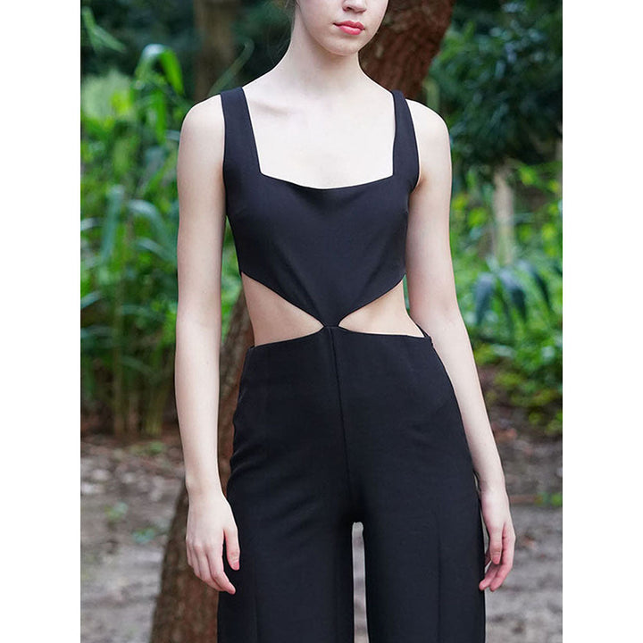 Odette Black Polyester Cut Out Solid Jumpsuit