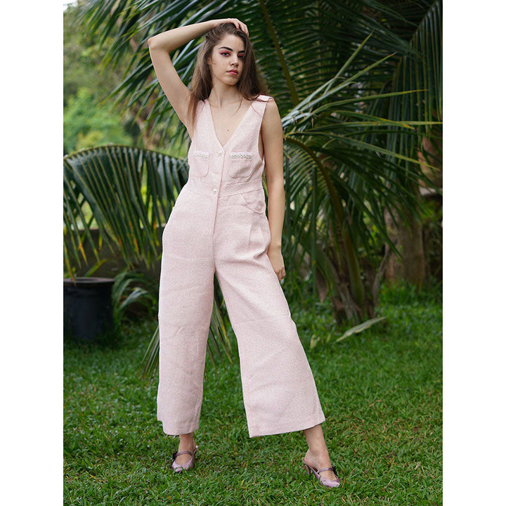 Odette Pink Textured Tweed Jumpsuit