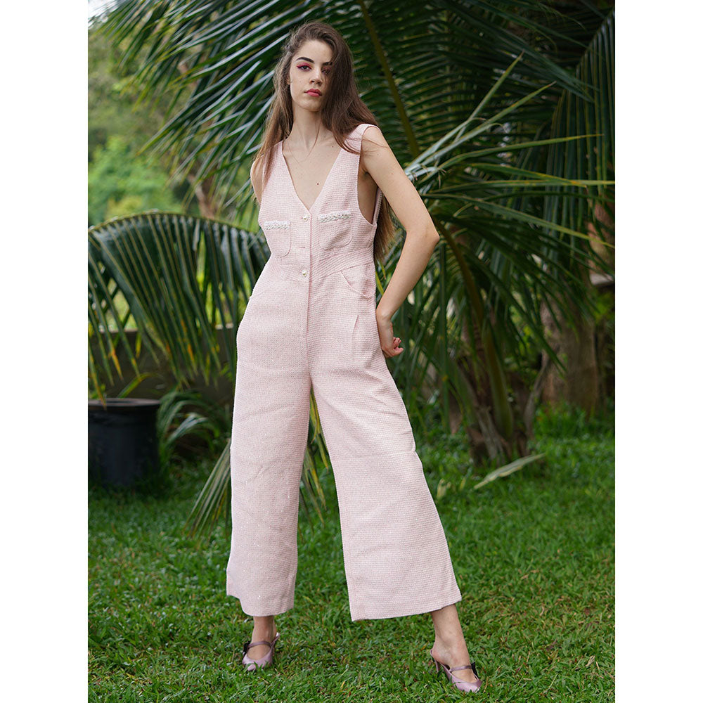 Odette Pink Textured Tweed Jumpsuit