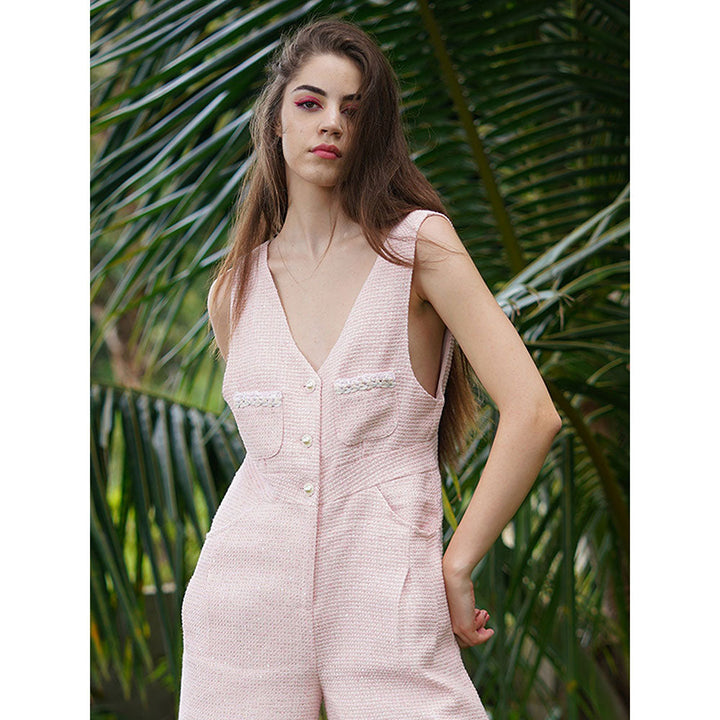 Odette Pink Textured Tweed Jumpsuit