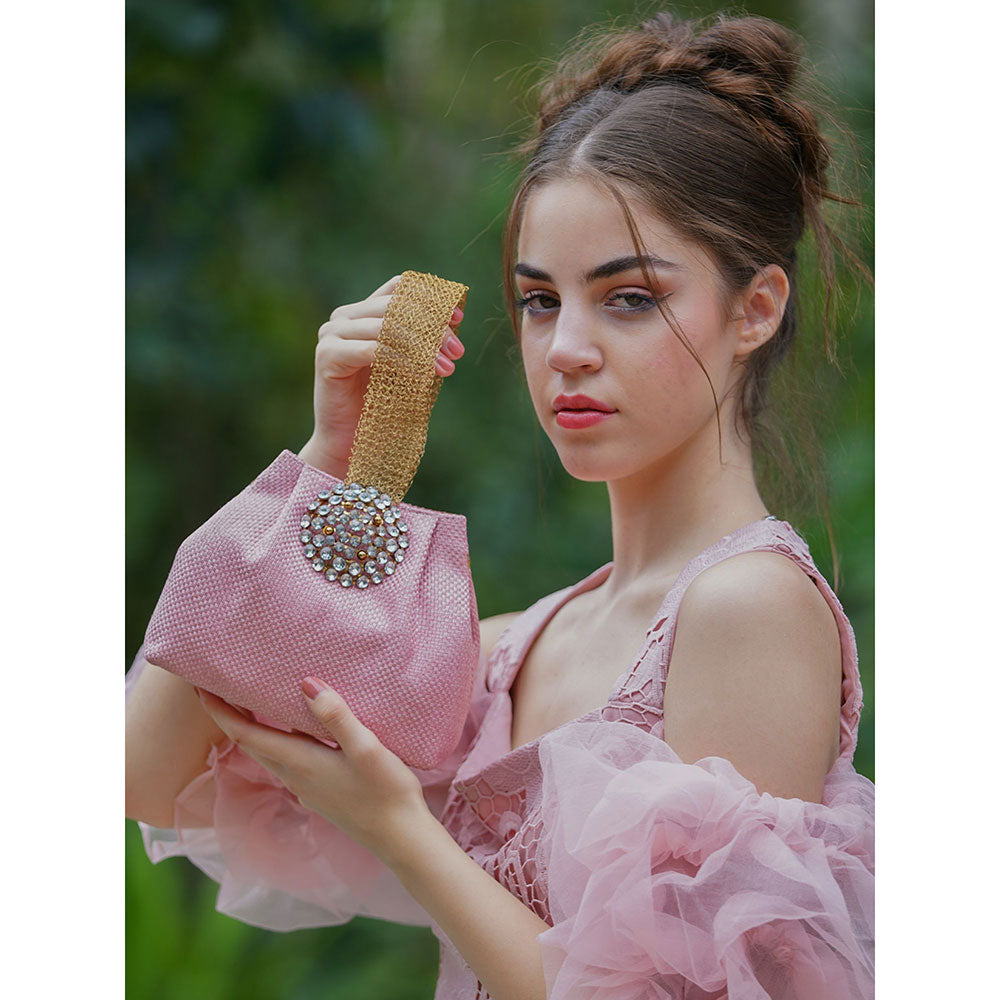 Odette Pink Embellished Clutch Bag With Golden Mesh Handle