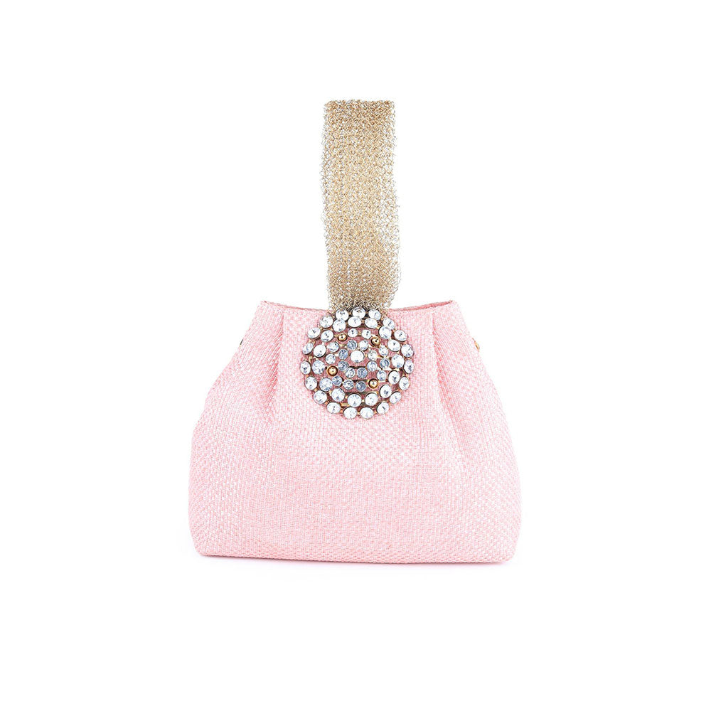 Odette Pink Embellished Clutch Bag With Golden Mesh Handle