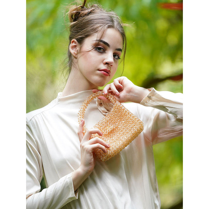 Odette Sparkling Golden Woven Beaded Clutch Bag