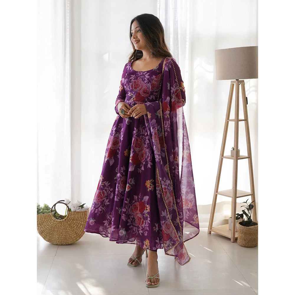 Odette Purple Printed Organza Stitched Kurta with Dupatta (Set of 2)