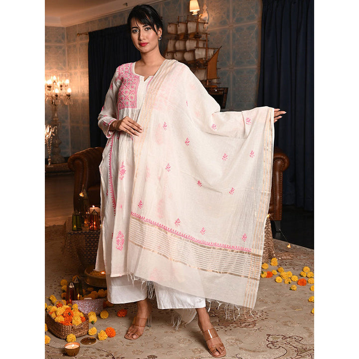 Odette Off White Cotton Mulmul Pink Chikankari Embroidery Unstitched Kurta with Dupatta (Set of 2)