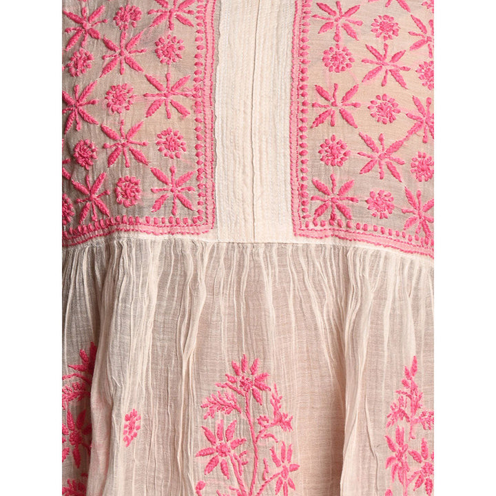 Odette Off White Cotton Mulmul Pink Chikankari Embroidery Unstitched Kurta with Dupatta (Set of 2)