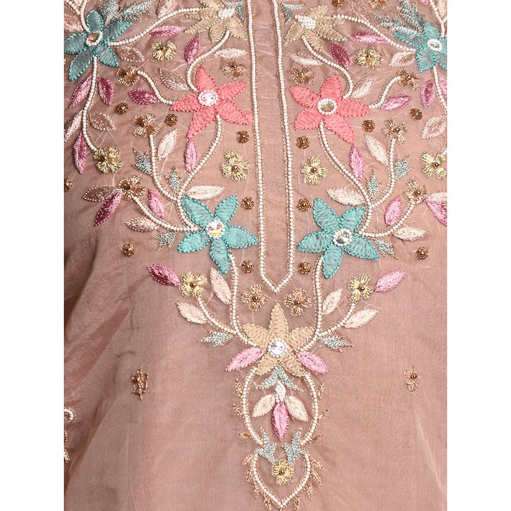 Odette Beige Organza Chikankari Beads Embroidered Unstitched Kurta