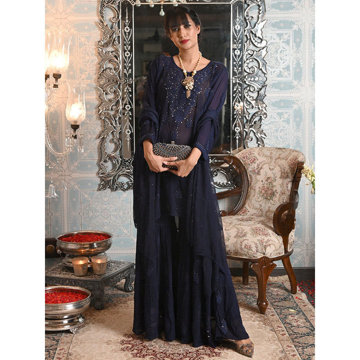 Odette Navy Blue Georgette Chikankari Mukaish Embroidered Kurta Sharara & Dupatta (Set of 3)