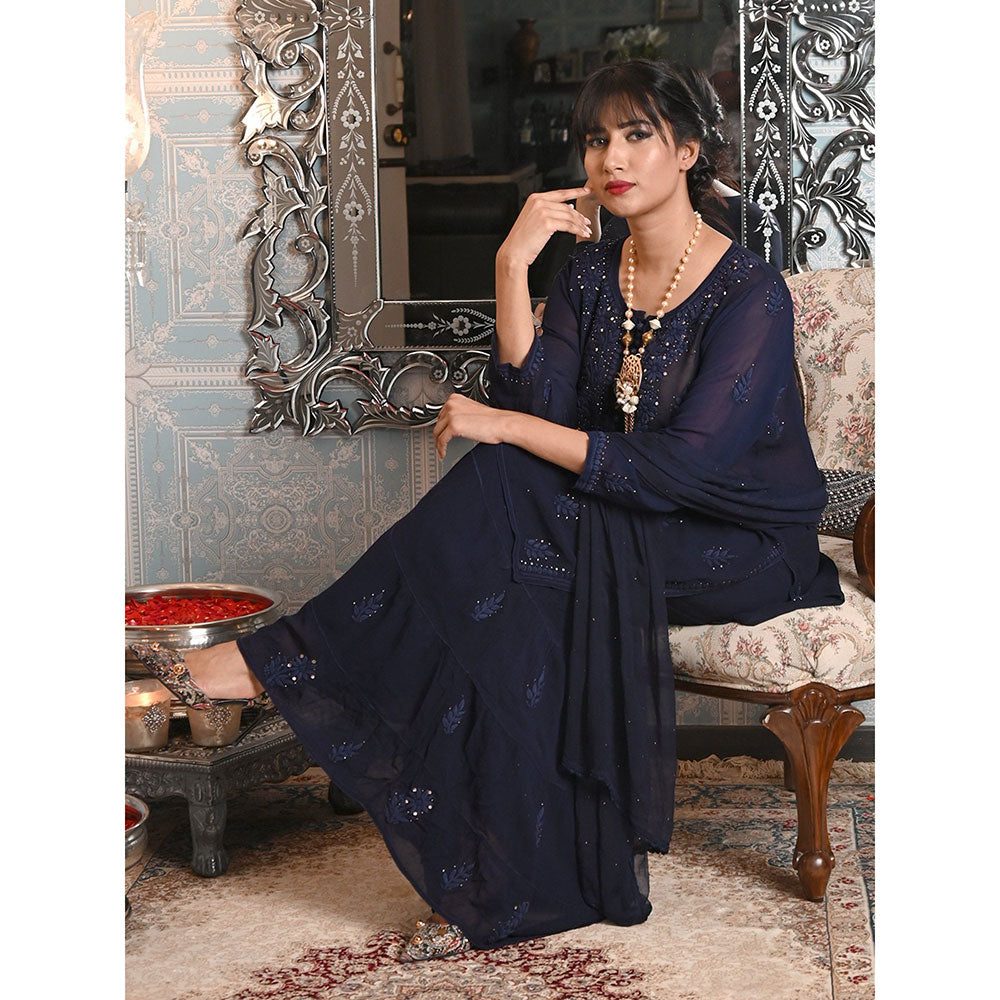 Odette Navy Blue Georgette Chikankari Mukaish Embroidered Kurta Sharara & Dupatta (Set of 3)