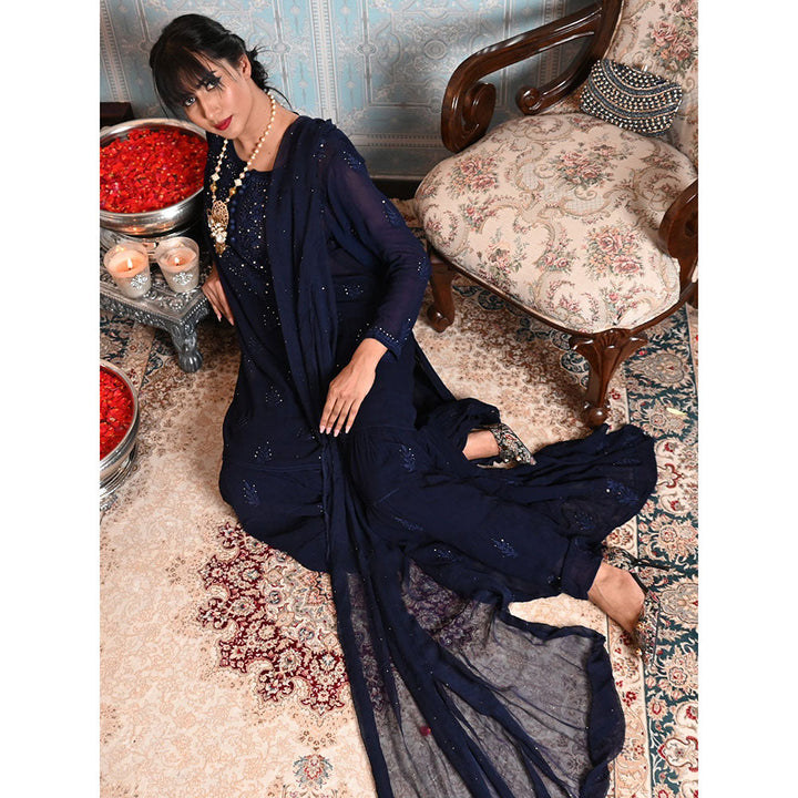 Odette Navy Blue Georgette Chikankari Mukaish Embroidered Kurta Sharara & Dupatta (Set of 3)