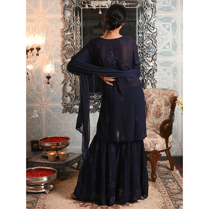 Odette Navy Blue Georgette Chikankari Mukaish Embroidered Kurta Sharara & Dupatta (Set of 3)