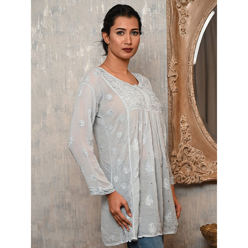 Odette Grey Georgette Chikankari Mukaish Work Embroidered Stitched Kurti