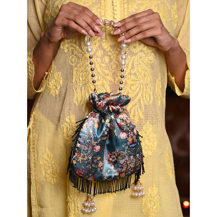 Odette Printed Teal Potli Bag with Metallic Tassels