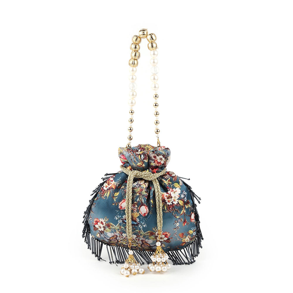 Odette Printed Teal Potli Bag with Metallic Tassels