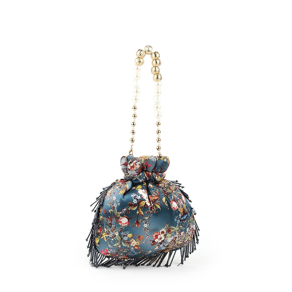 Odette Printed Teal Potli Bag with Metallic Tassels