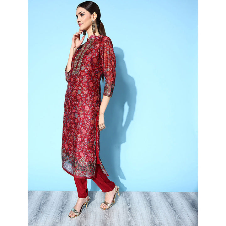 Odette Maroon Chanderi Silk Stitched Kurta & Pant with Dupatta for Women (Set of 3)