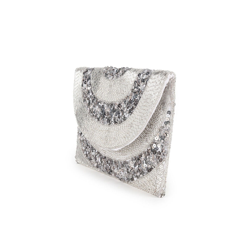 Odette Silver Beads and Sequins Embellished Envelope Clutch For Women