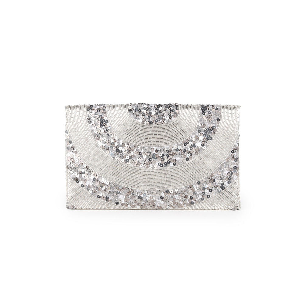 Odette Silver Beads and Sequins Embellished Envelope Clutch For Women