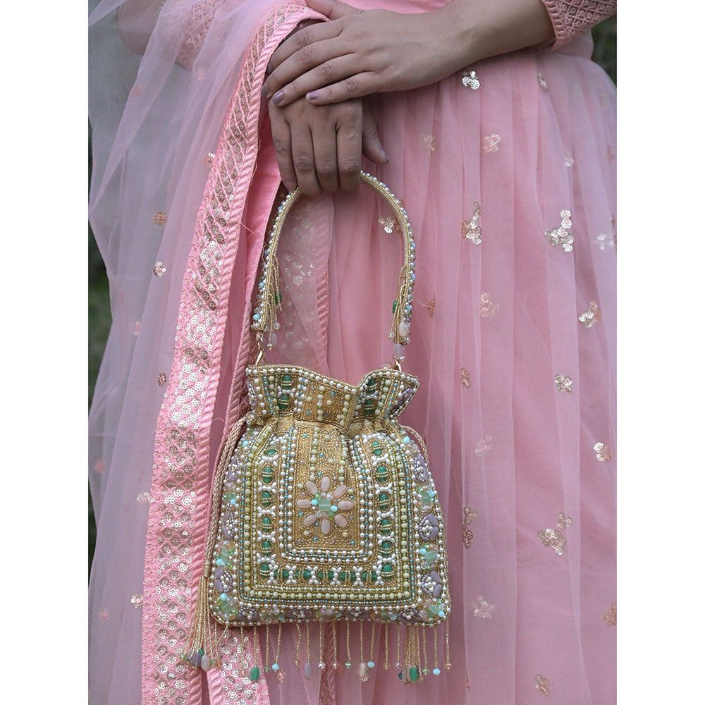 Odette Beige Heavily Pearls and Beads Embellished Potli Bag For Women