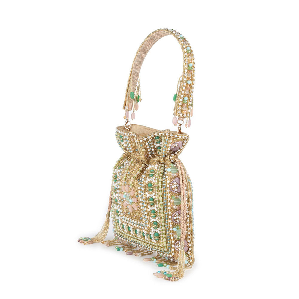 Odette Beige Heavily Pearls and Beads Embellished Potli Bag For Women