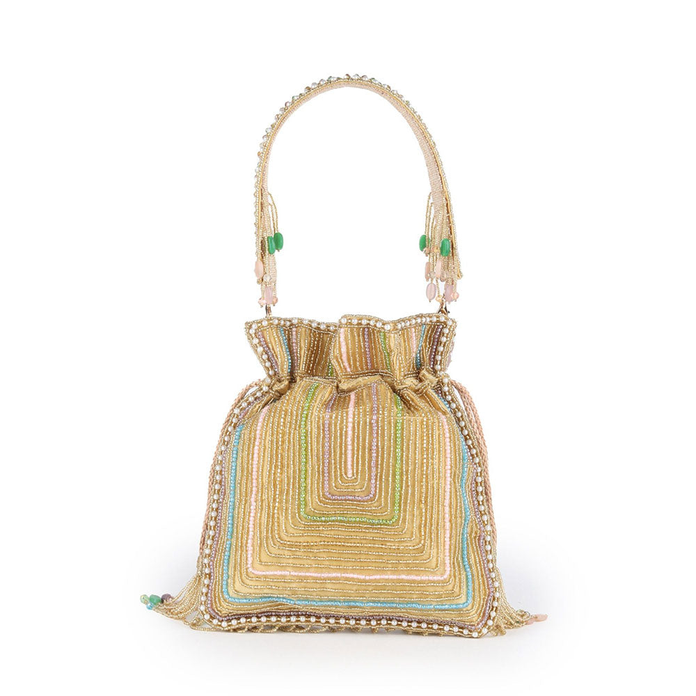 Odette Beige Heavily Pearls and Beads Embellished Potli Bag For Women