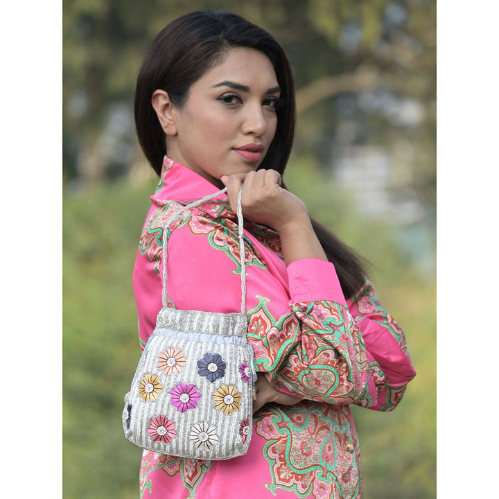 Odette White Beads and Multicolor Floral Embellished Potli For Women