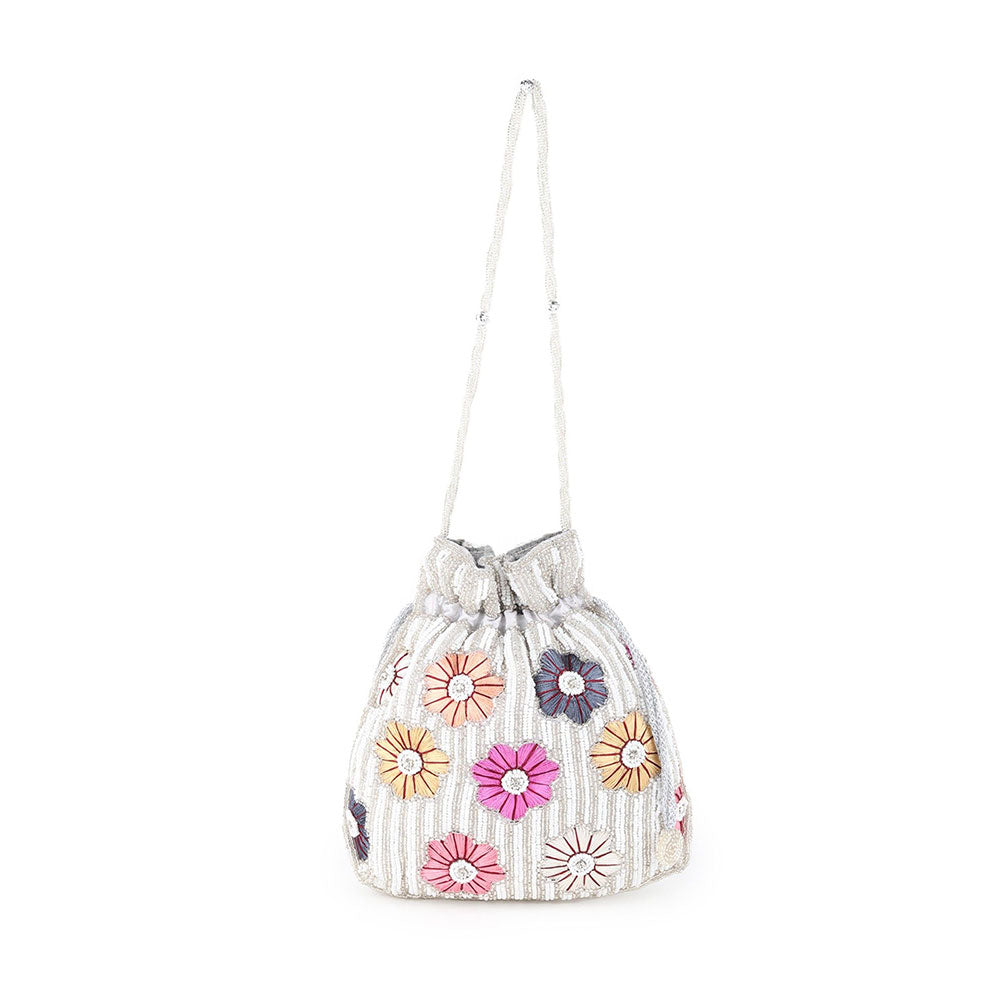 Odette White Beads and Multicolor Floral Embellished Potli For Women