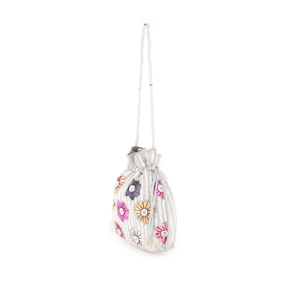 Odette White Beads and Multicolor Floral Embellished Potli For Women