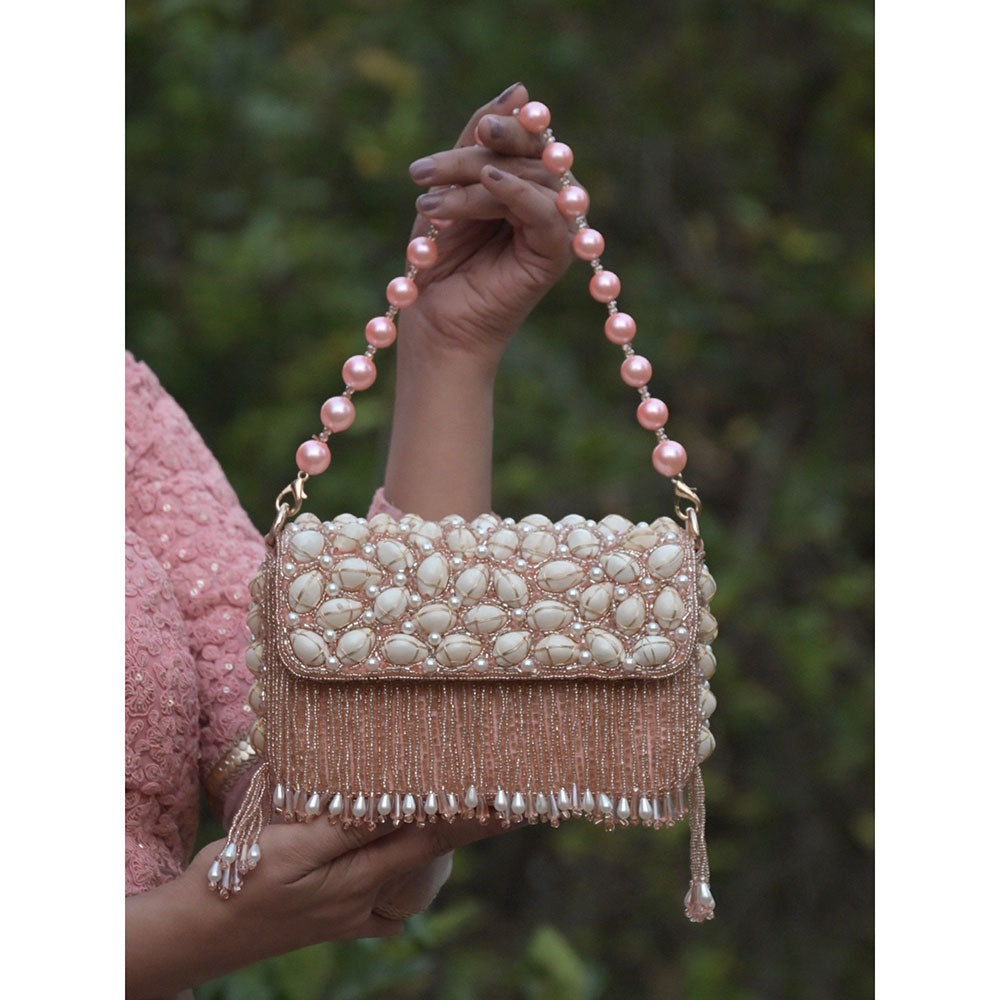 Odette Peach Heavily Beads Embellished Clutch For Women