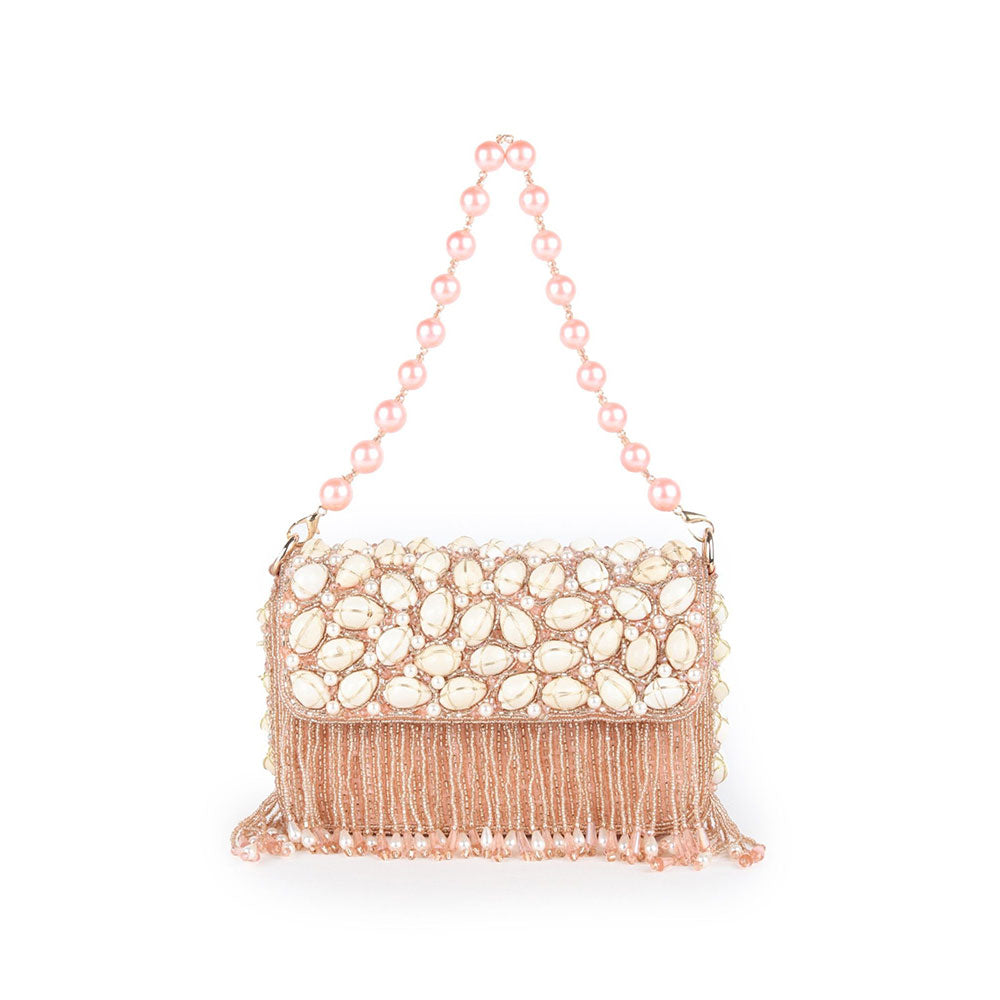 Odette Peach Heavily Beads Embellished Clutch For Women