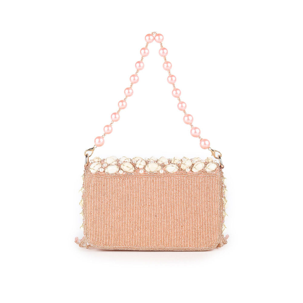 Odette Peach Heavily Beads Embellished Clutch For Women