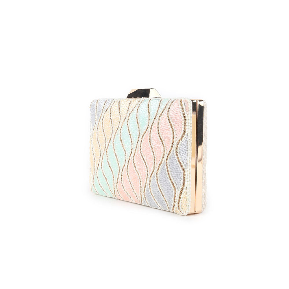 Odette Beige and Multicolor Beads Embellished Clutch For Women