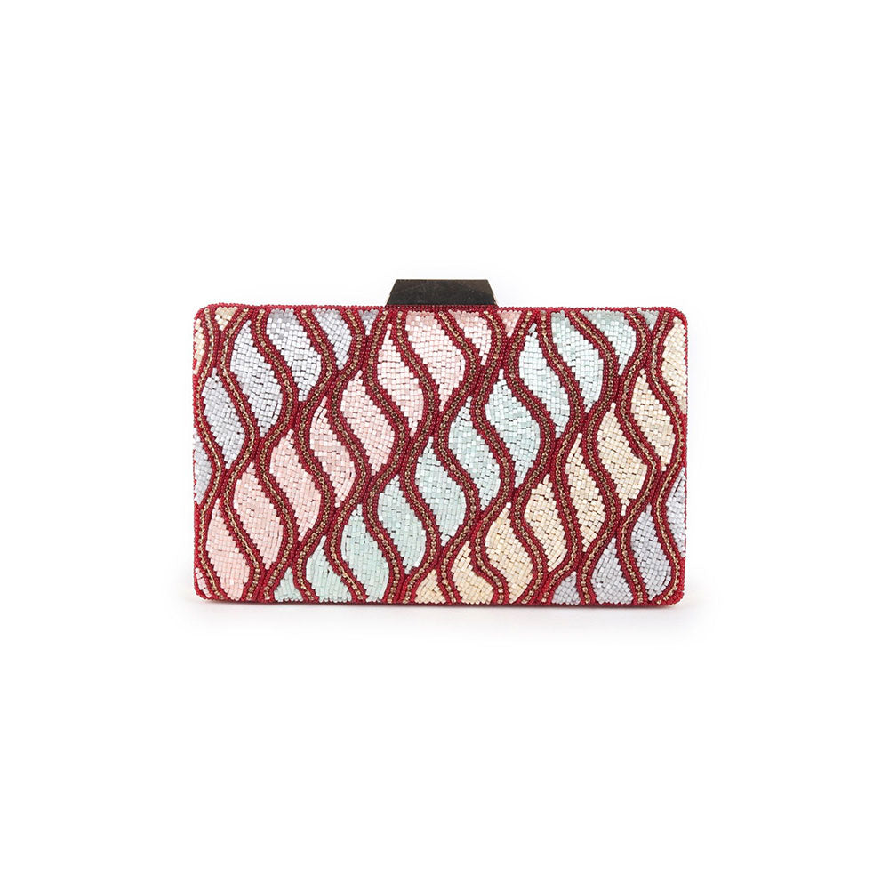 Odette Maroon and Multicolor Beads Embellished Clutch For Women